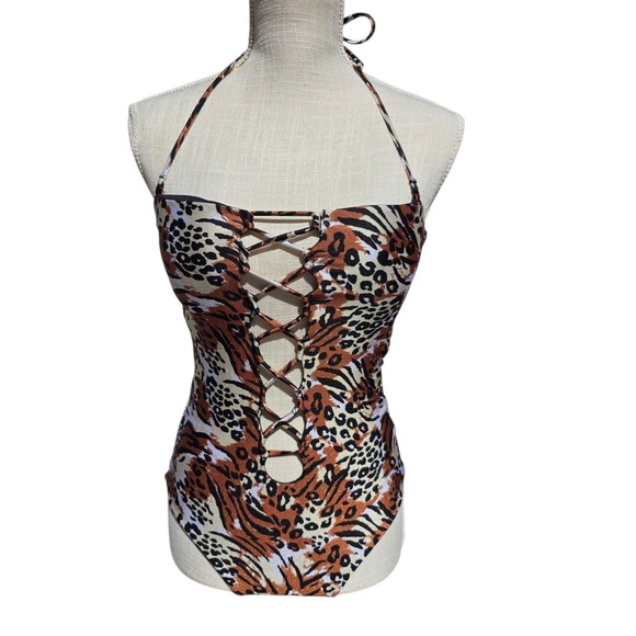 Volcom One Piece Swimsuit Lace Up Front Animal Print Lined Women's Small - Picture 1 of 4